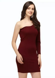 ZELZIS maroon one shoulder knee-length party dress