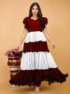 ZELZIS Maroon & White Colourblocked Solid Maxi Dress for Women