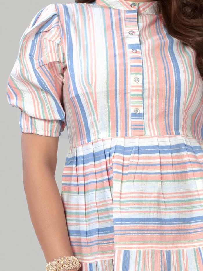 ZELZIS peach stripe fit & flare knee-length cotton dress