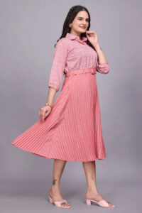 ZELZIS pink crepe dress for women with round cowl neck and full sleeves