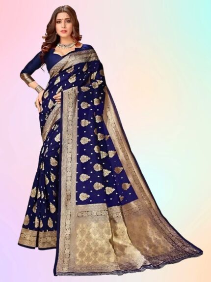 zelzis fashion online shopping Blue Woven Self Design Cotton Silk Jacquard Sarees With Unstich Blouse Piece