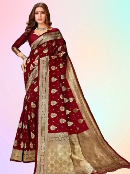 zelzis fashion online shopping Pink Woven Self Design Cotton Silk Jacquard Sarees With Unstich Blouse Piece