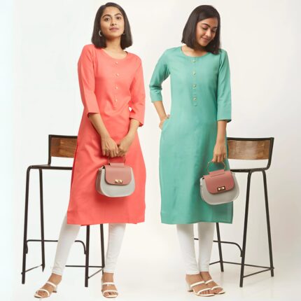 zelzis fashion online shopping Pink & Light Green Straight Plain Casual Wear Cotton Combo Kurtis