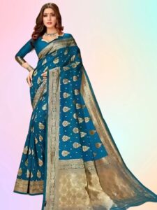 zelzis fashion online shopping Teal Woven Self Design Cotton Silk Jacquard Sarees With Unstich Blouse Piece