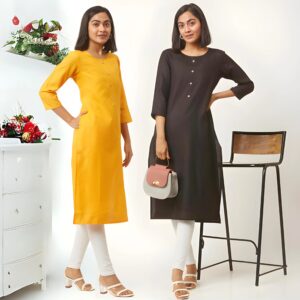 zelzis fashion online shopping Yellow & Black Straight Plain Casual Wear Cotton Combo Kurtis