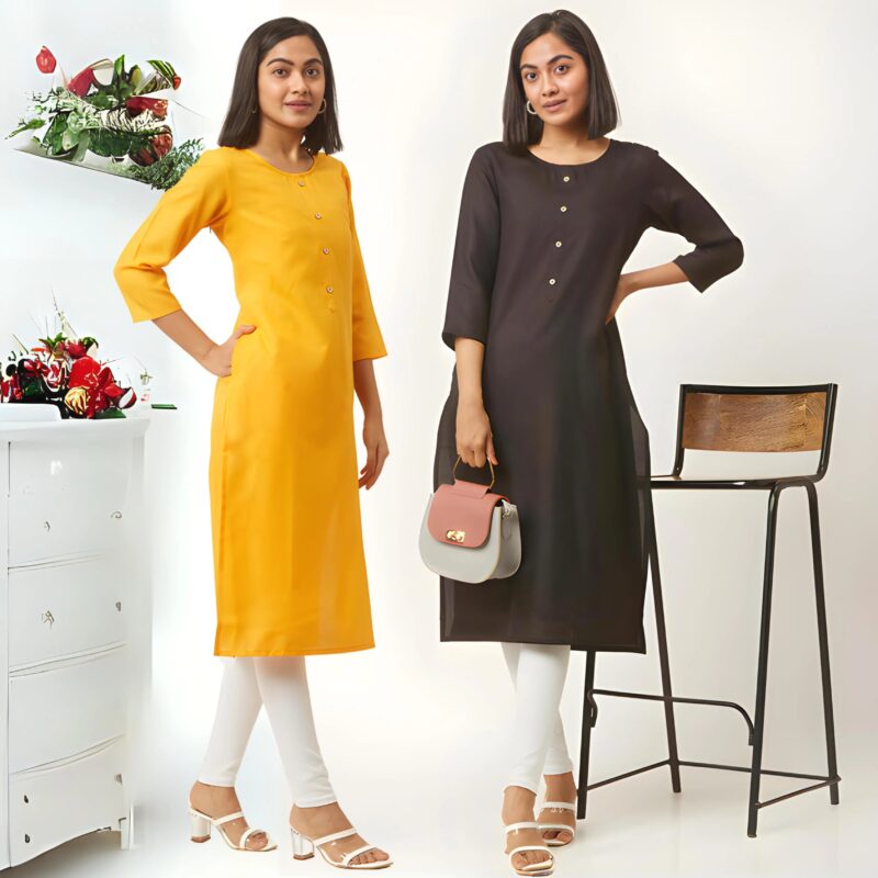 zelzis fashion online shopping Yellow & Black Straight Plain Casual Wear Cotton Combo Kurtis