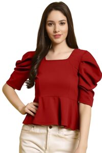 zelzis fashion online shopping women Red Classic Solid Polyester Tops