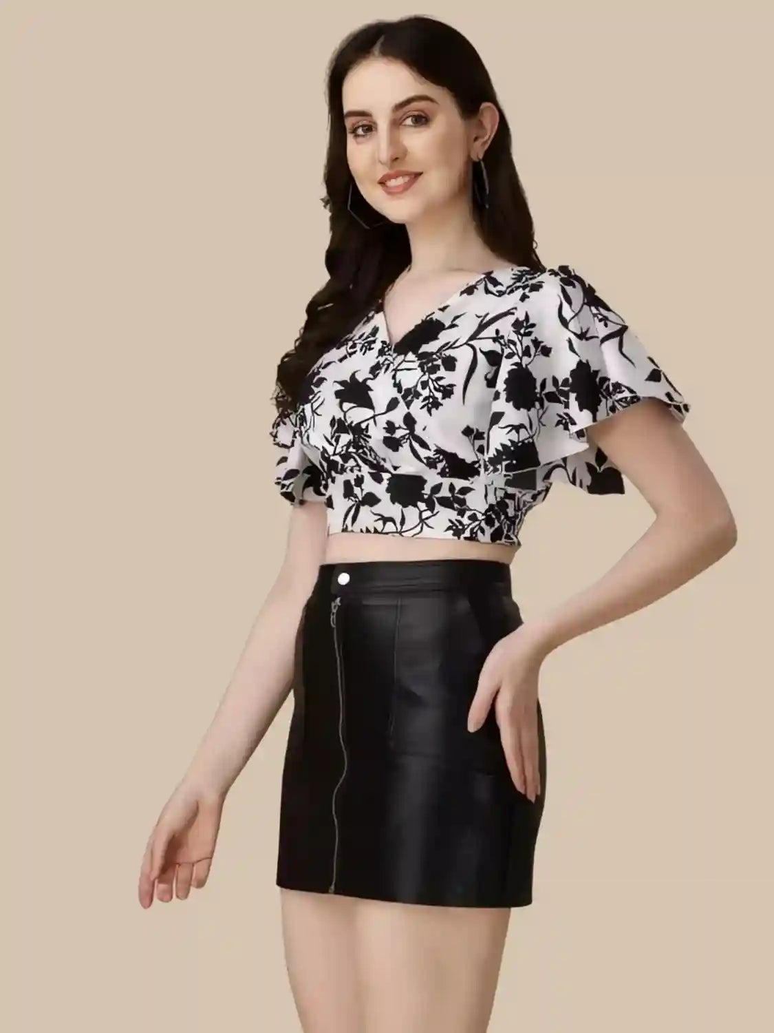 Black & White Floral Crop Top | V-Neck | Flared Sleeves | Crepe Fabric - Image 9