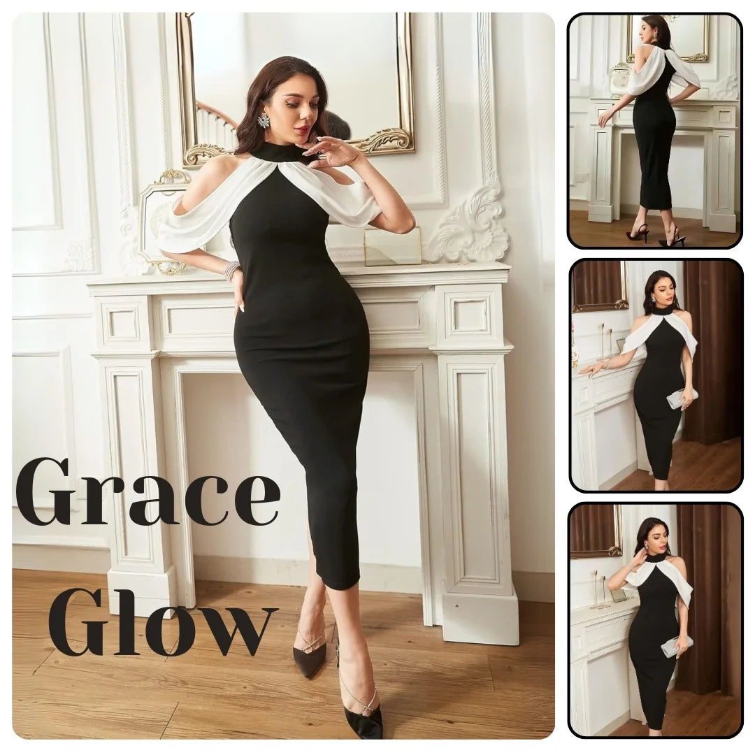 Black & White Solid Polyester Halter Neck Bodycon Dress – Sleeveless, Ankle Length - Image 1