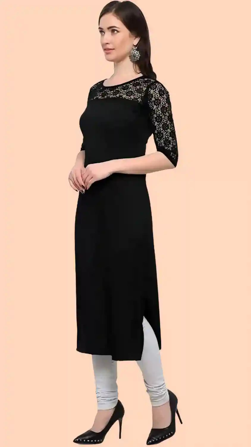 Black Straight Classic Trendy Crepe Kurtis - Image 4