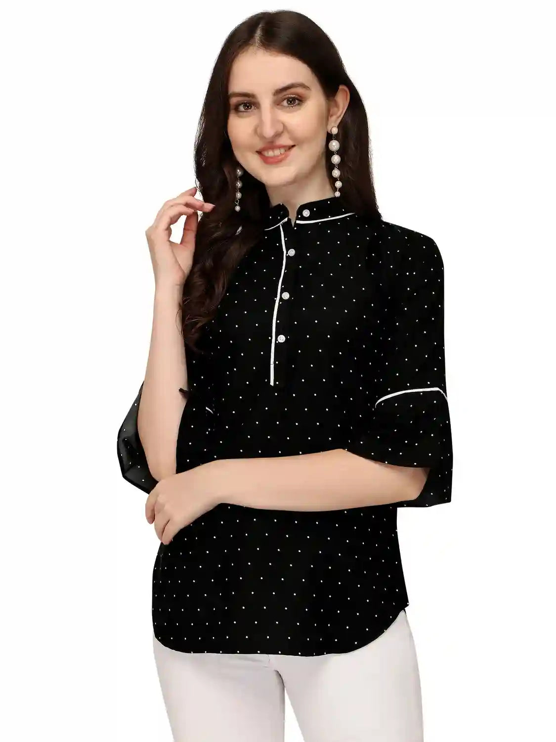 Black Stylish Bindi Dot Bell Sleeve Crepe Casual Tunic Tops - Image 1