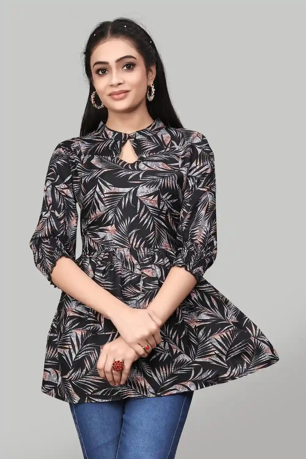 Black Rayon Floral Print Top for Women & Girls | Ruffle Sleeves - Image 1