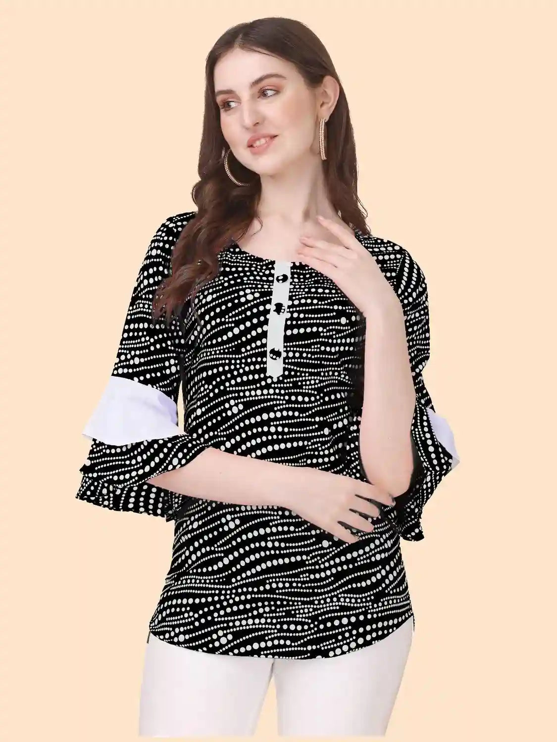 Black Polka White Dot Solid Crepe Tops - Image 5