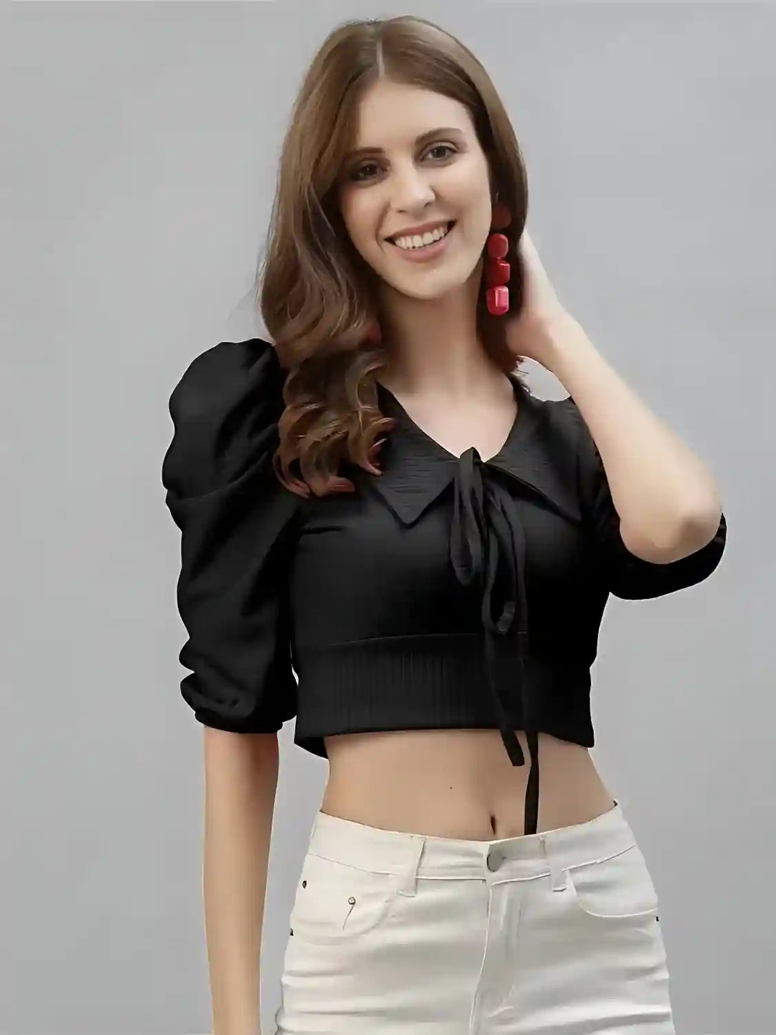 Black Solid Collar Crop Top For Women & Girls | Tie-Up Neck | Puff Sleeves | Casual & Party Wear - Image 1
