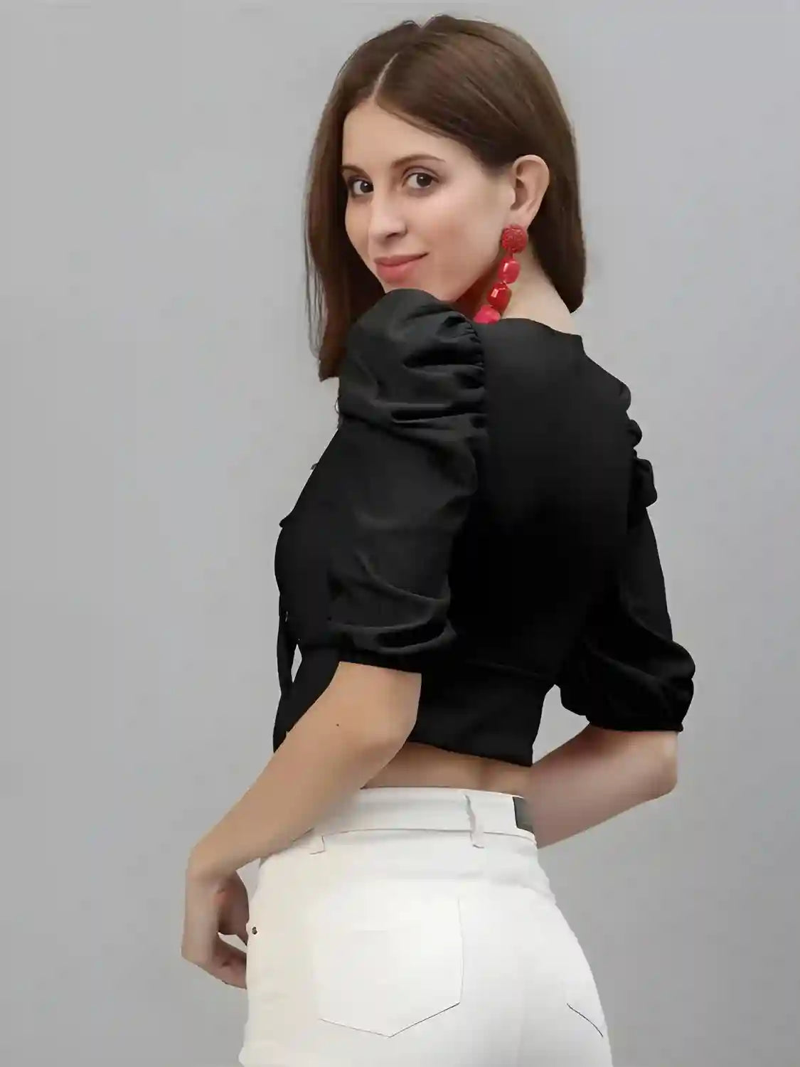 Black Solid Collar Crop Top For Women & Girls | Tie-Up Neck | Puff Sleeves | Casual & Party Wear - Image 3