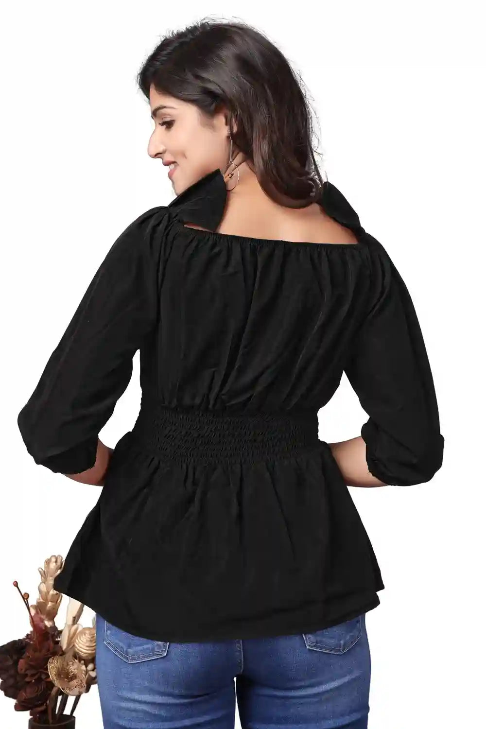 Black Stylish Off Shoulder Tops for Girls | Solid Crepe Bishop Sleeve Top - Image 3