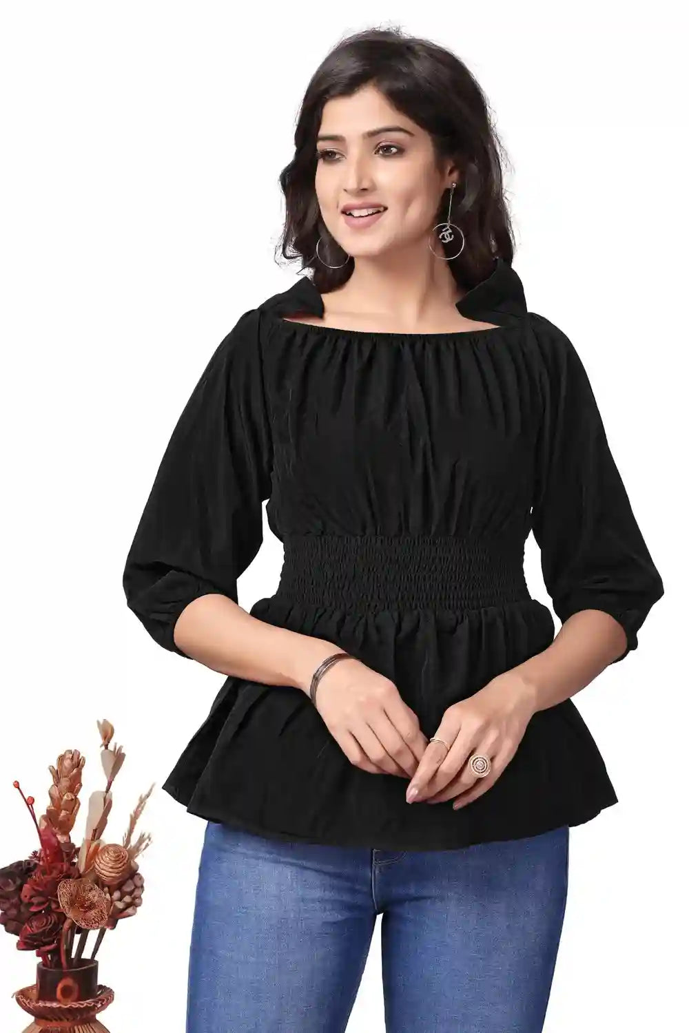Black Stylish Off Shoulder Tops for Girls | Solid Crepe Bishop Sleeve Top - Image 2