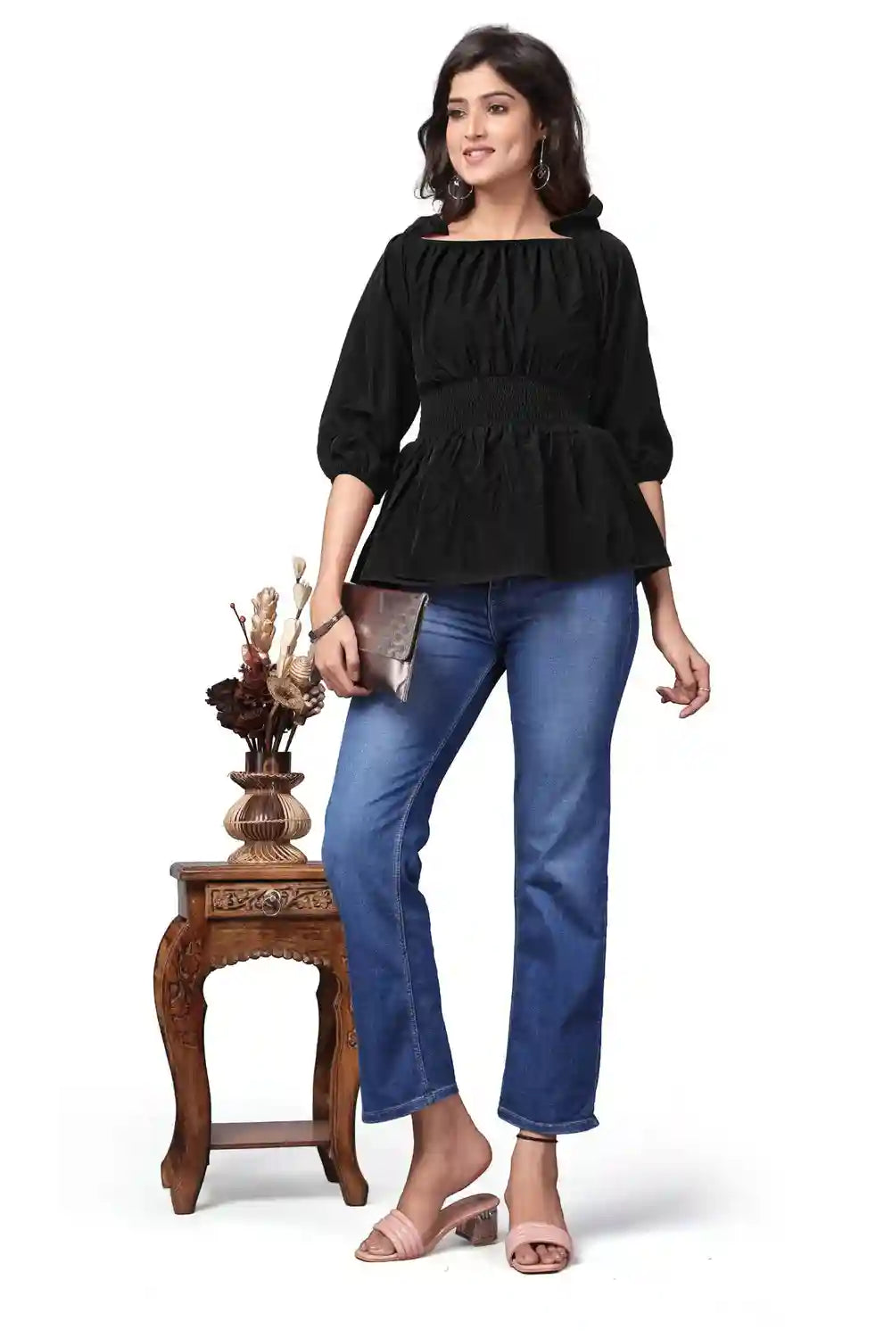 Black Stylish Off Shoulder Tops for Girls | Solid Crepe Bishop Sleeve Top - Image 5