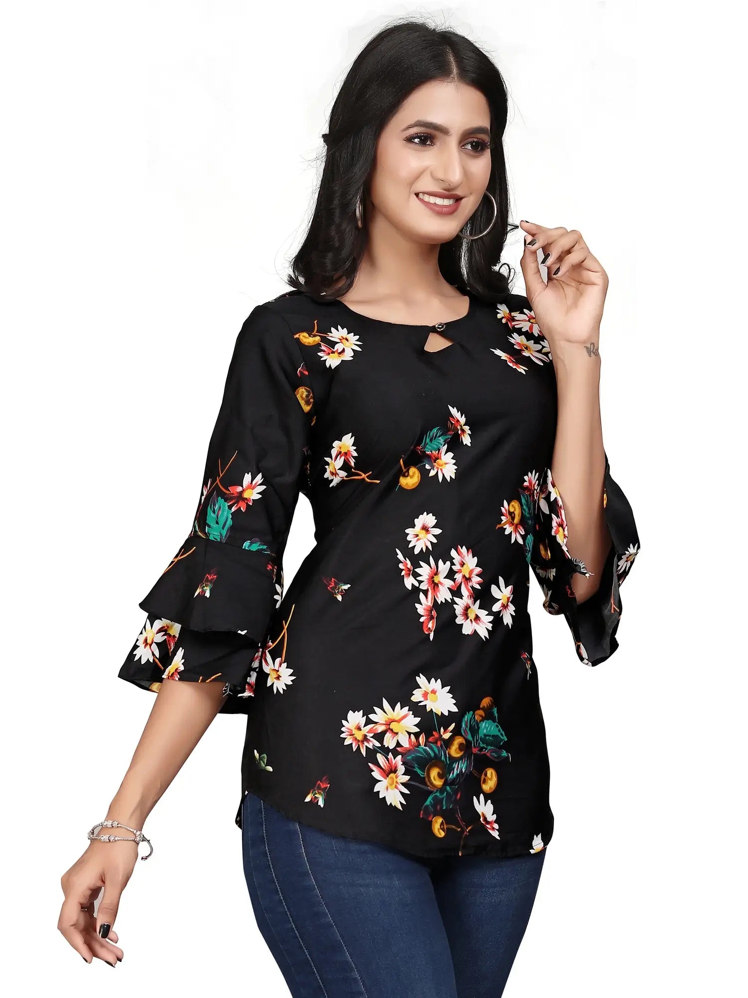 Black Flower Round Neck Crepe Casual Tunic Tops - Image 4