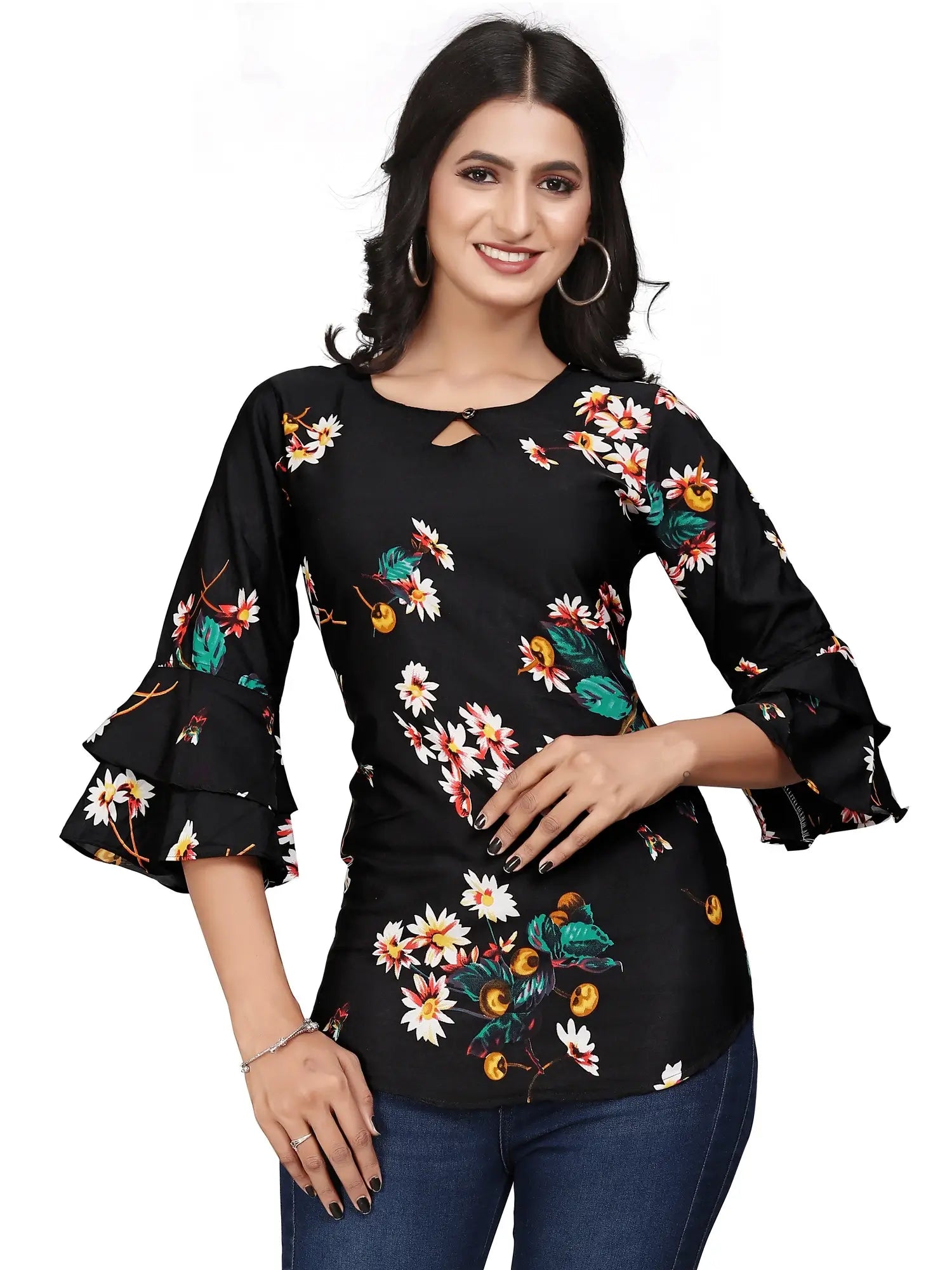 Black Flower Round Neck Crepe Casual Tunic Tops - Image 2