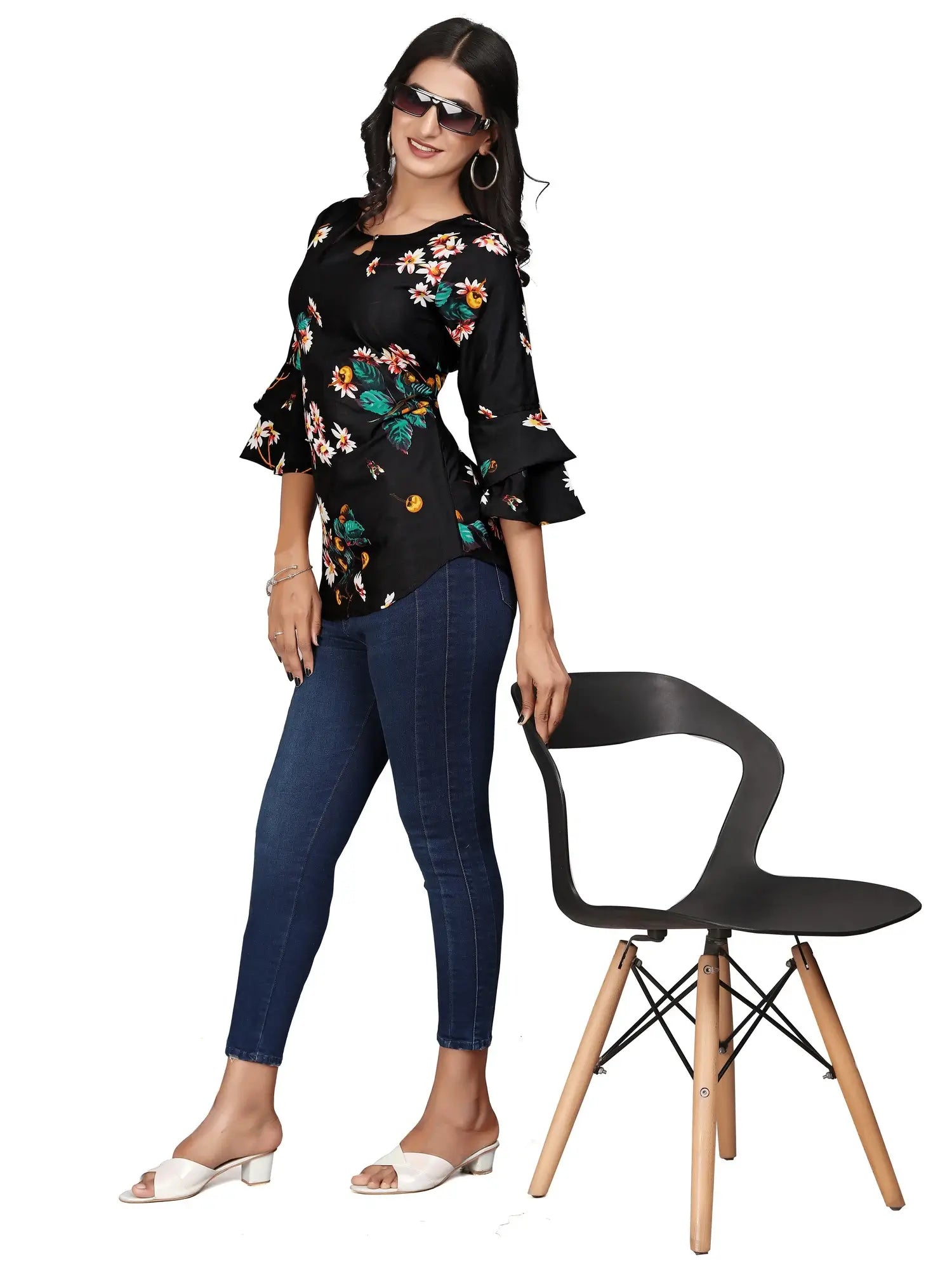Black Flower Round Neck Crepe Casual Tunic Tops - Image 5