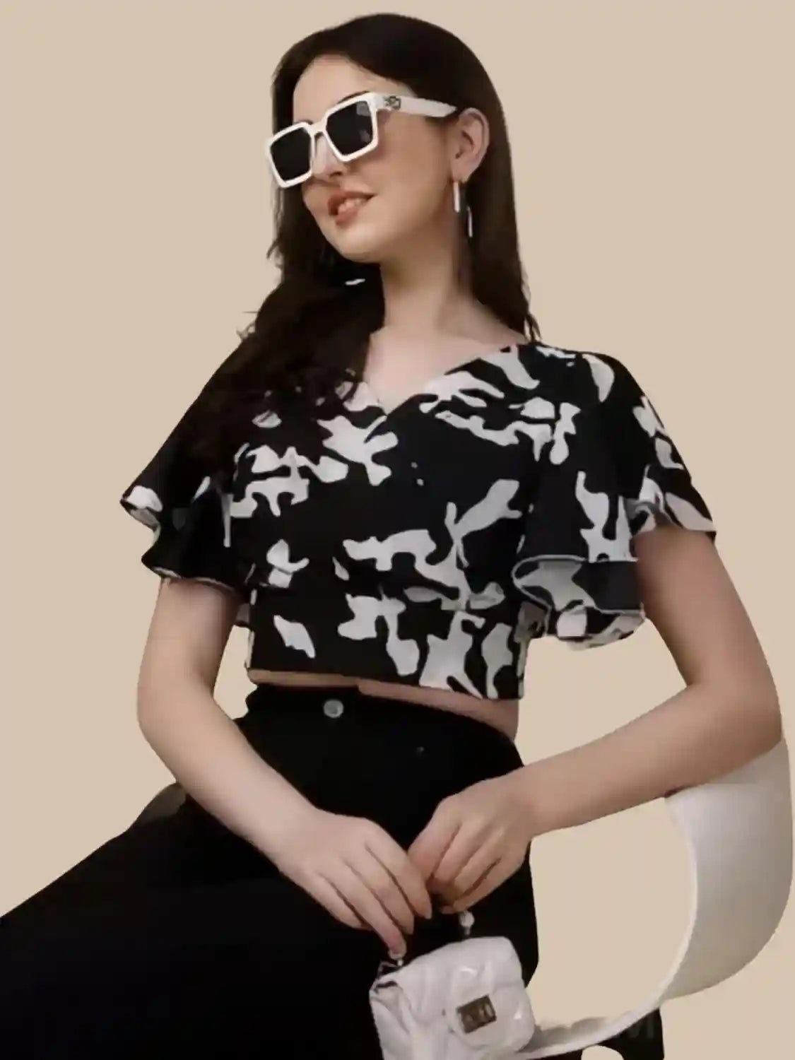 Black Floral Crop Top | V-Neck | Flared Sleeves | Crepe Fabric - Image 5