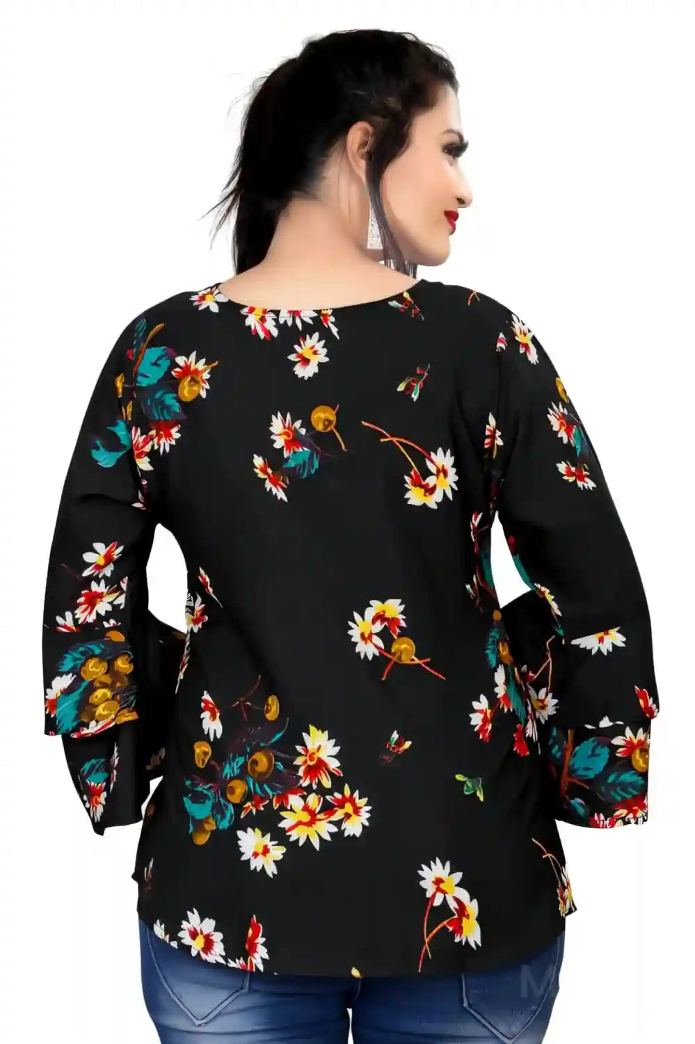 Black Floral Printed Crepe Tunic Top with Bell Sleeves for Women - Image 3