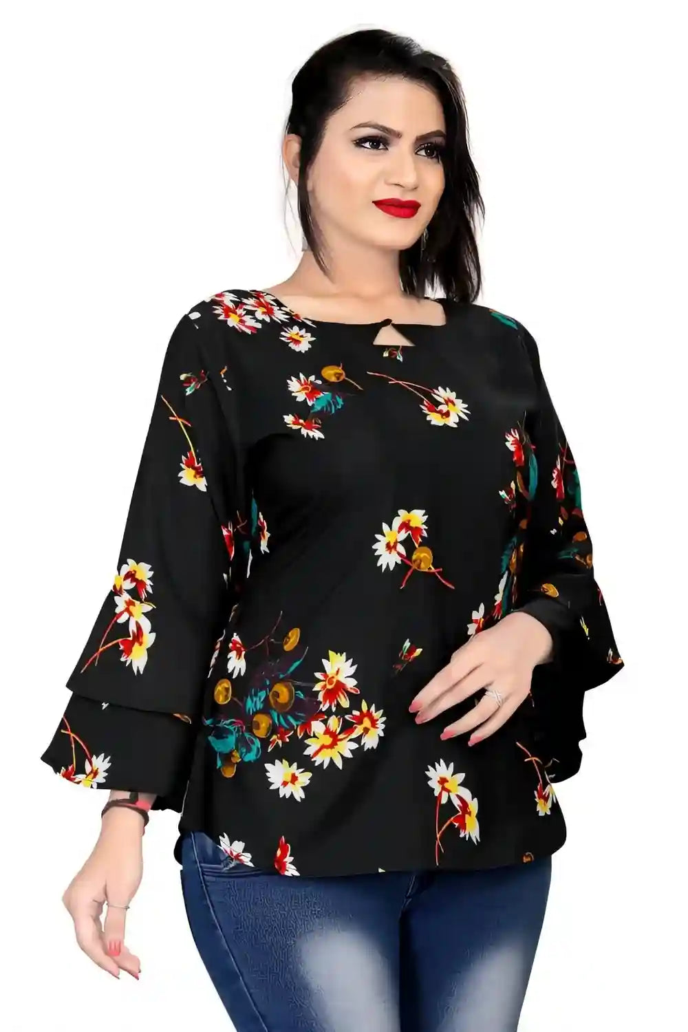 Black Floral Printed Crepe Tunic Top with Bell Sleeves for Women - Image 2