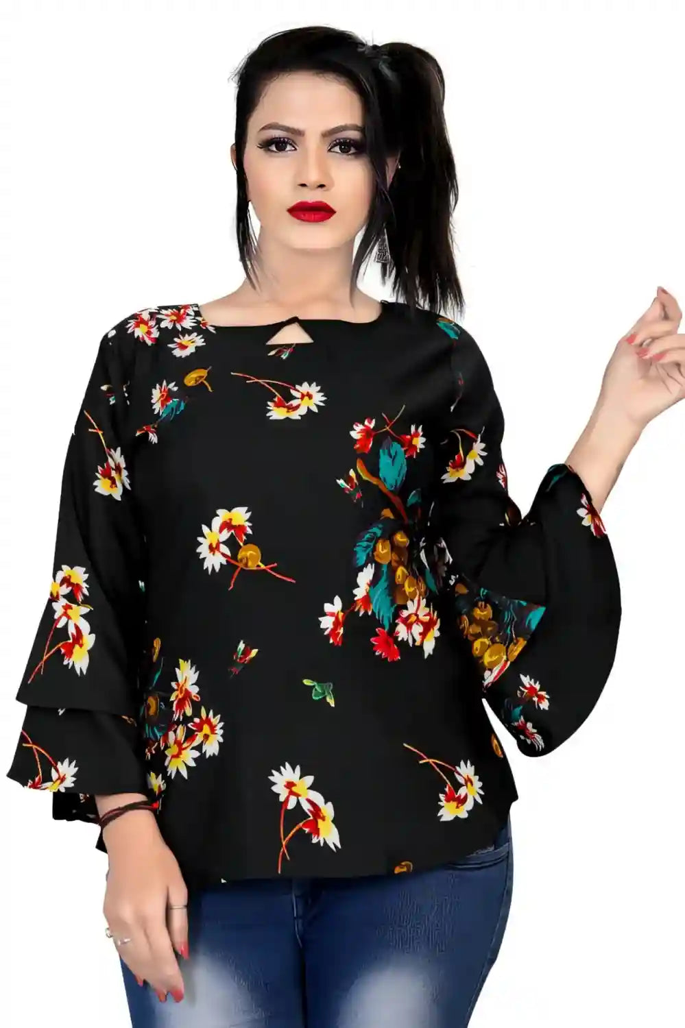 Black Floral Printed Crepe Tunic Top with Bell Sleeves for Women - Image 4