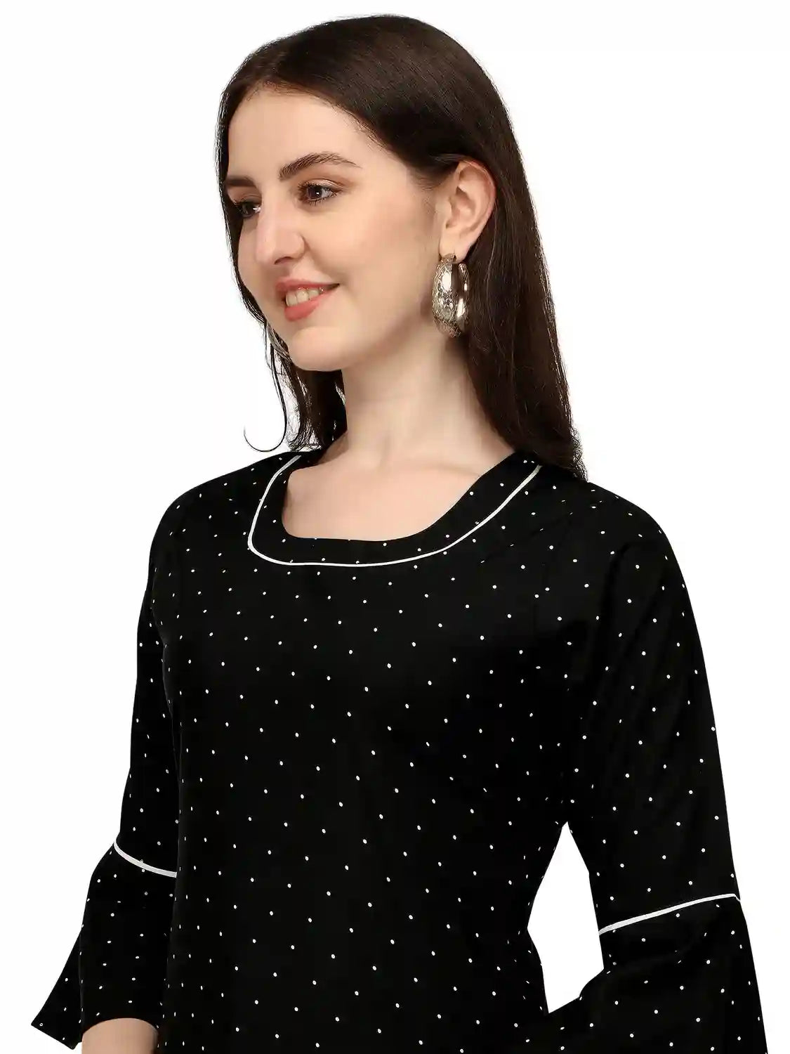 Black Stylish Polka Dot Bell Sleeve Crepe Daily Wear Tunic Tops - Image 6