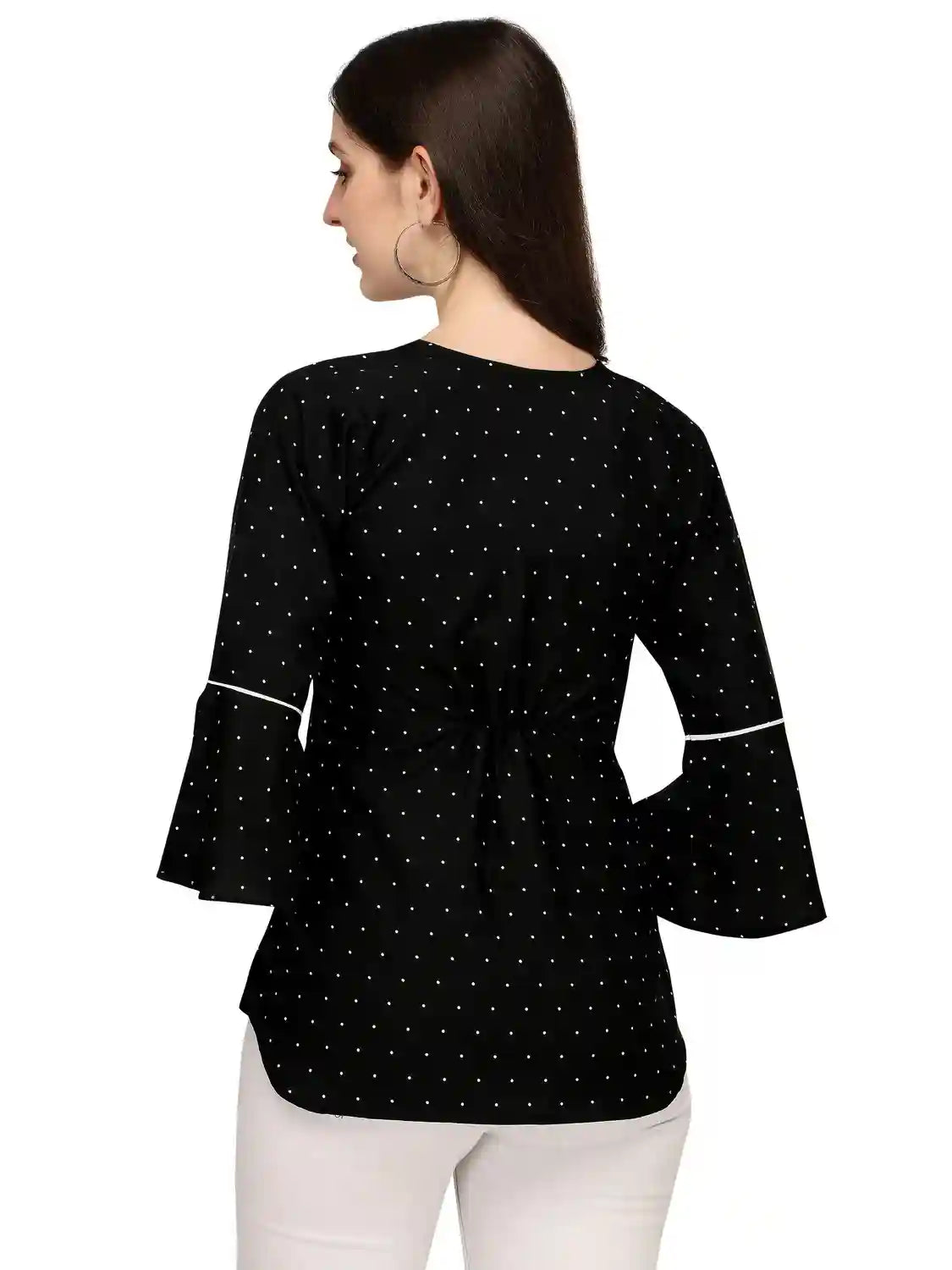 Black Stylish Polka Dot Bell Sleeve Crepe Daily Wear Tunic Tops - Image 3
