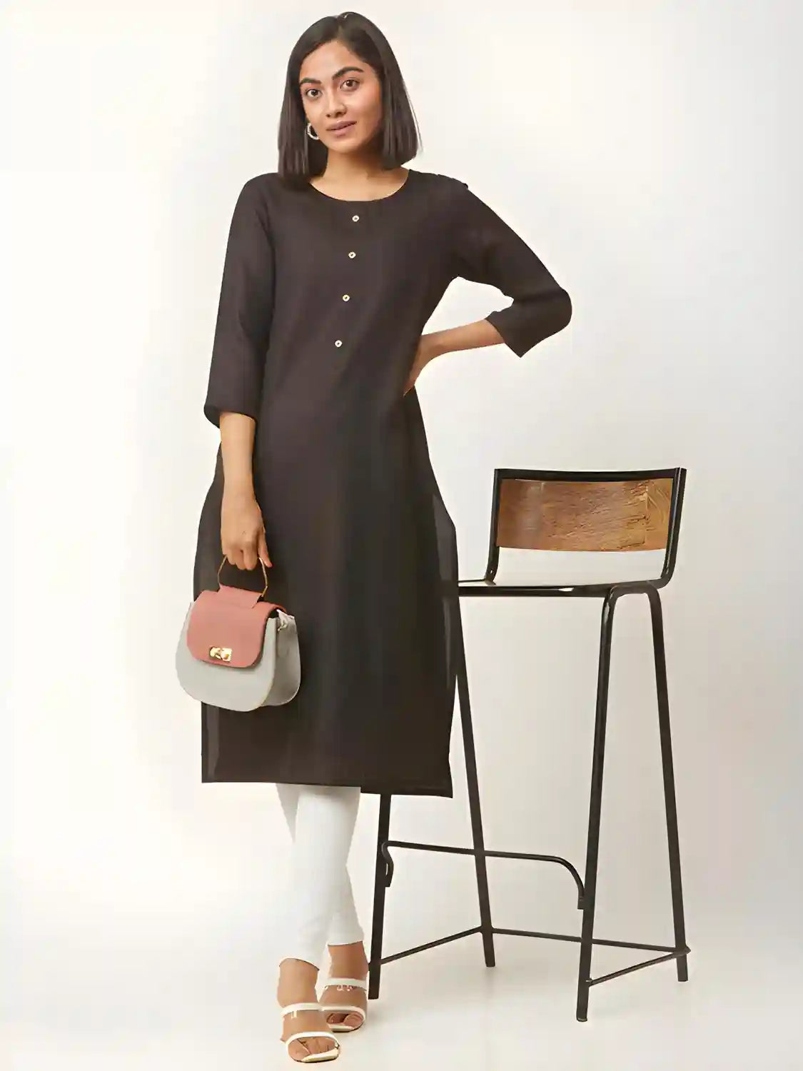 Black Straight Classic A Line Cotton Kurtis - Image 1