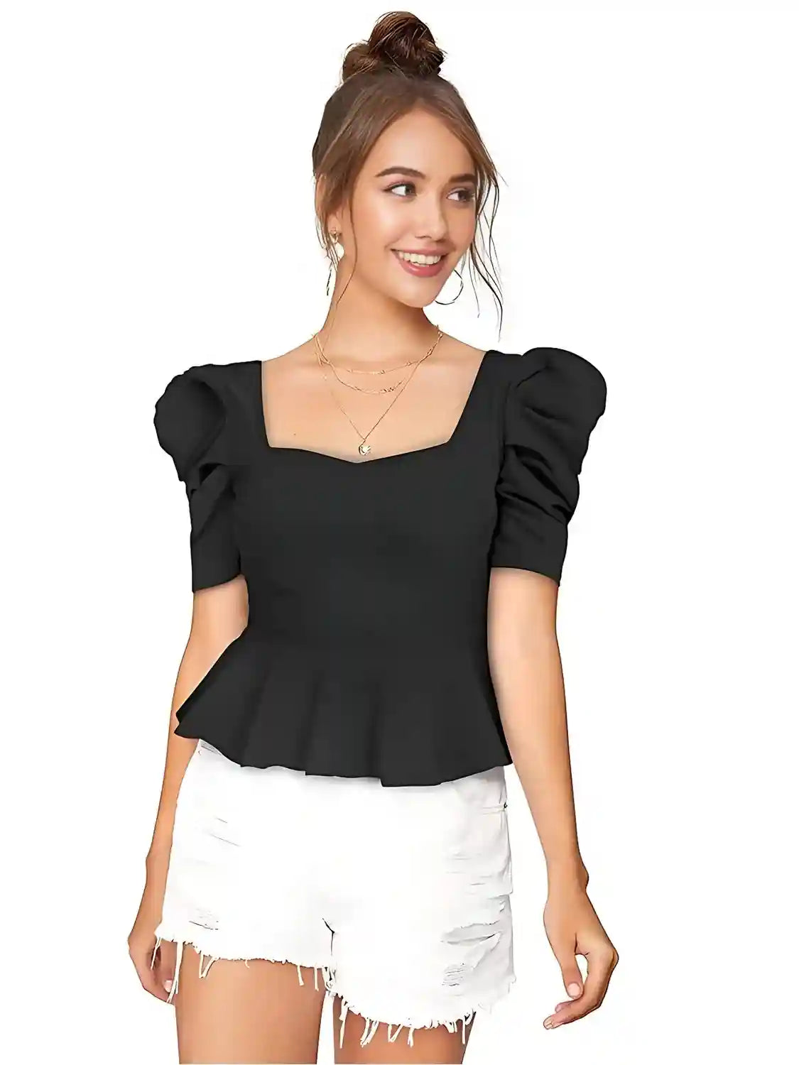 Black Solid Short Sleeve Top for Daily Wear For Women & Girls - Image 2