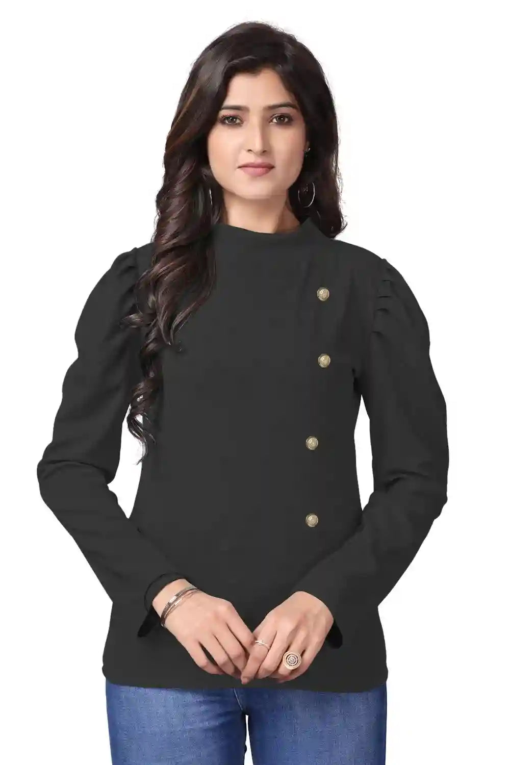 Black Solid Full Sleeve Women's T-Shirt | Casual Wear | Round Collar - Image 1