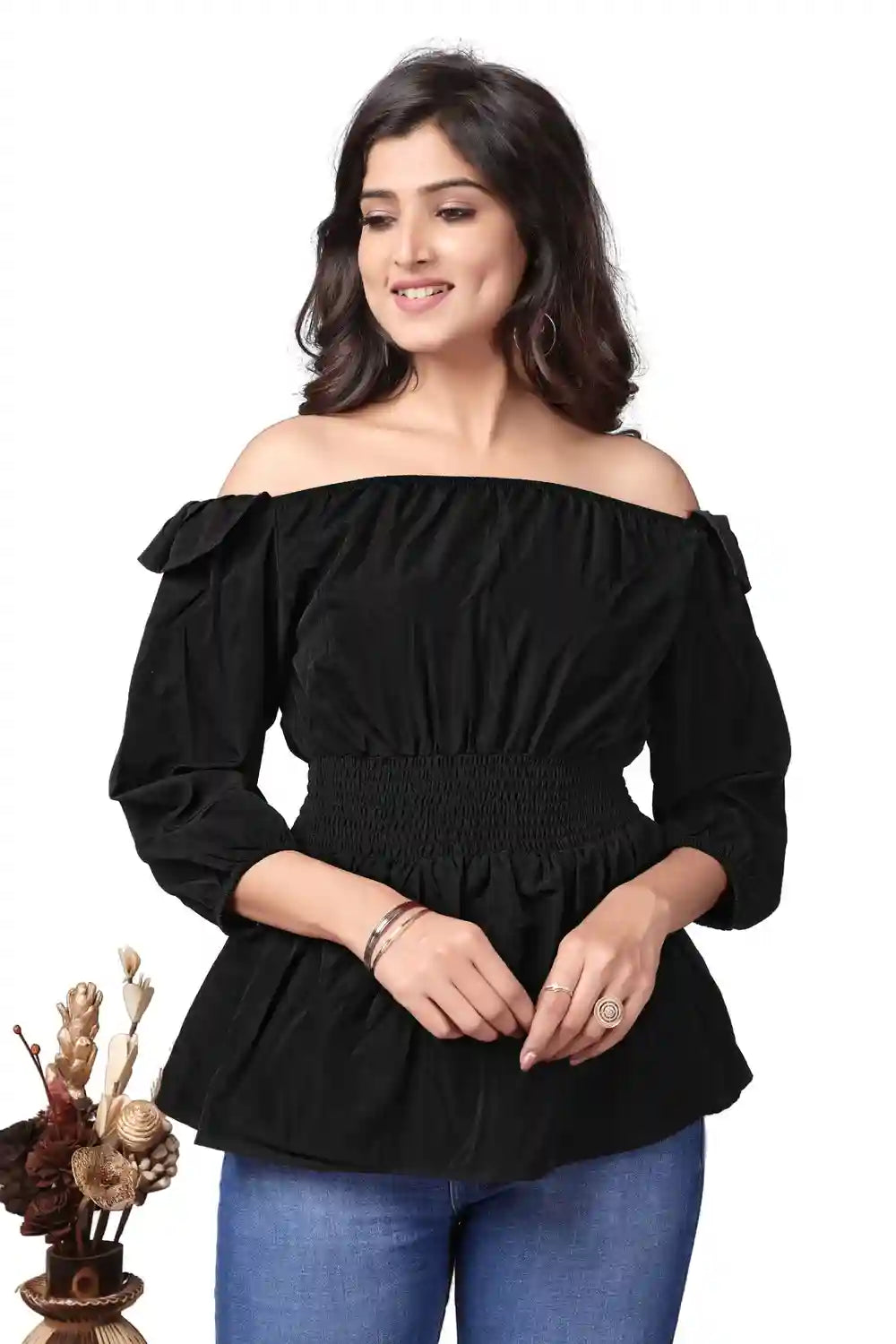 Black Off Shoulder Crepe Top | Solid Ruffle Sleeve Casual & Party Wear Top - Image 1