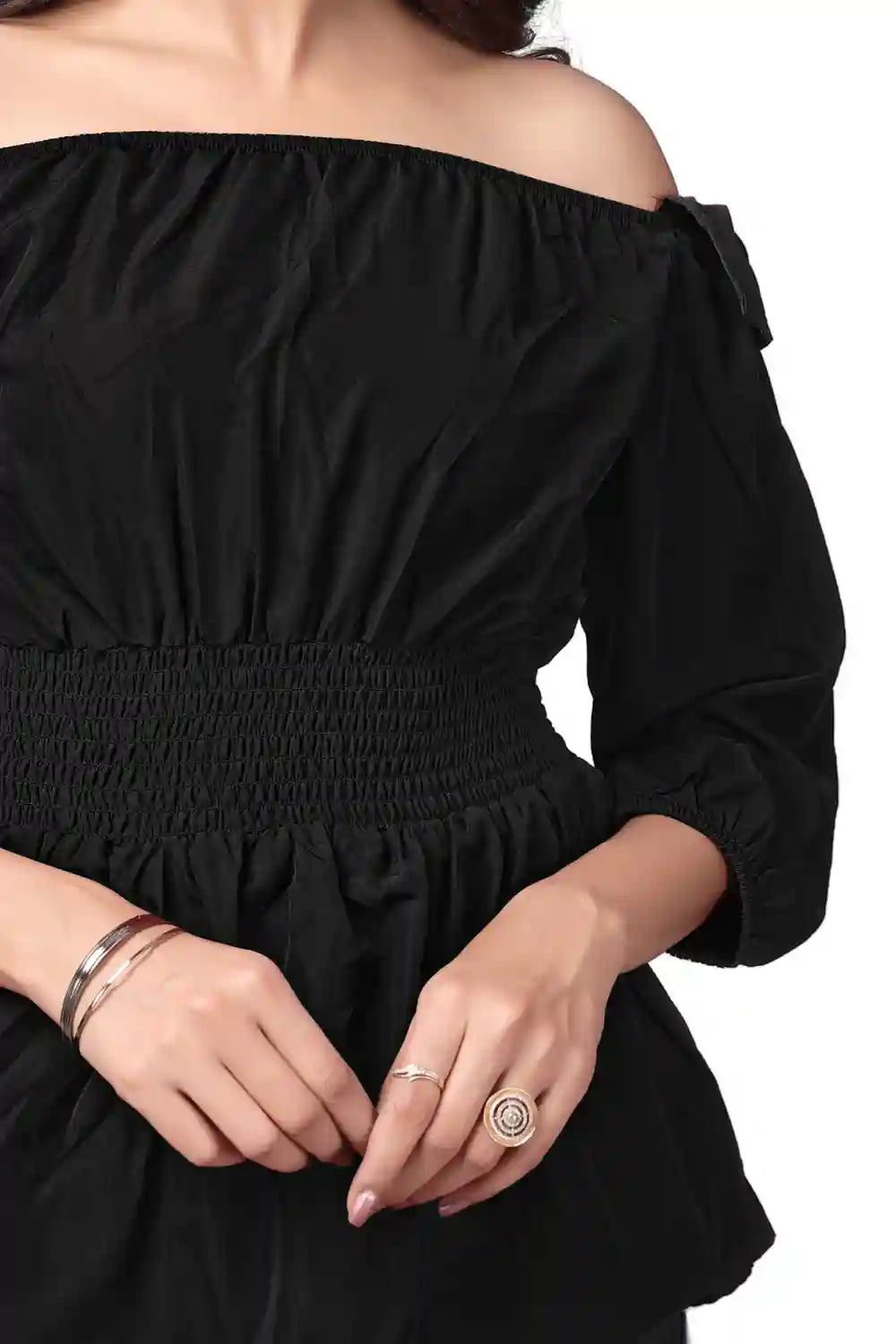 Black Off Shoulder Crepe Top | Solid Ruffle Sleeve Casual & Party Wear Top - Image 6