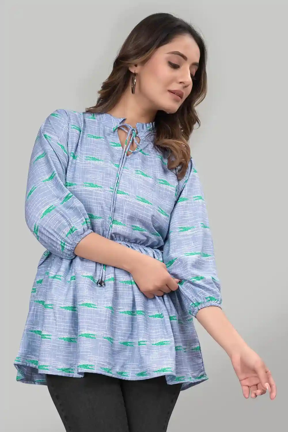 Blue Floral Ruffle Neck Crepe Tunic for Women by ZELZIS