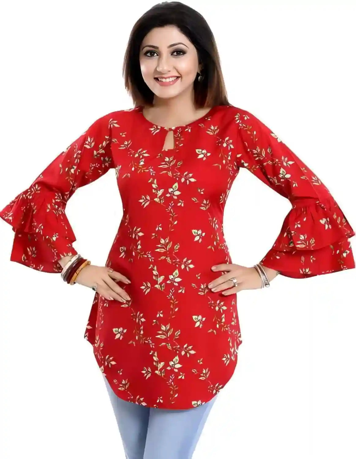 Bold Red Tunic with Bell Sleeves and Keyhole Neck – Fashionable & Comfortable