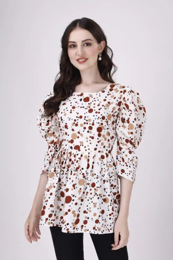 Brown Crepe Tunic with 2D Dot Print and Round Neck for Women by ZELZIS