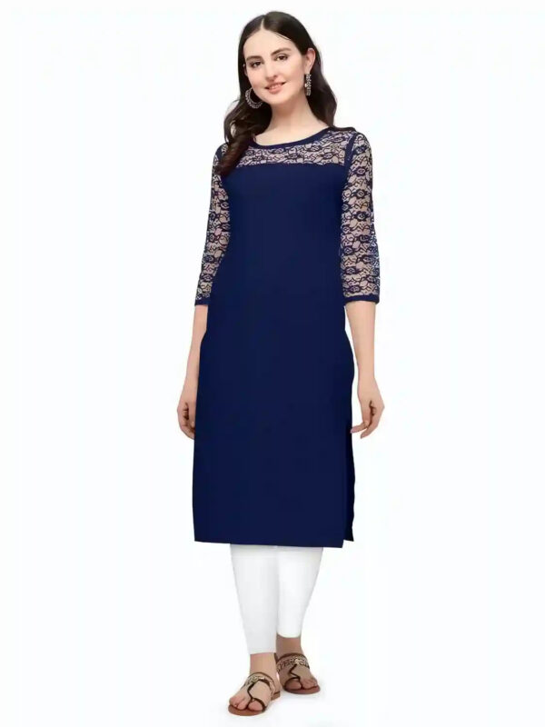 Casual and party wear blue crepe kurtis for women calf-length design