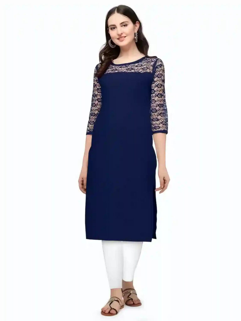 Casual and party wear blue crepe kurtis for women calf-length design