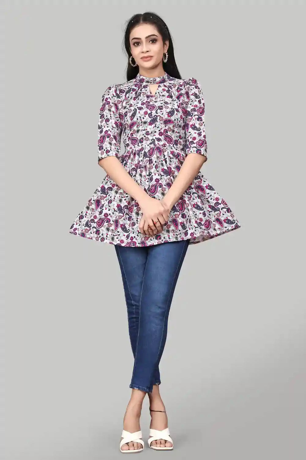 Chic Pink Floral Mango Tunic with Three Quarter Sleeves for Women