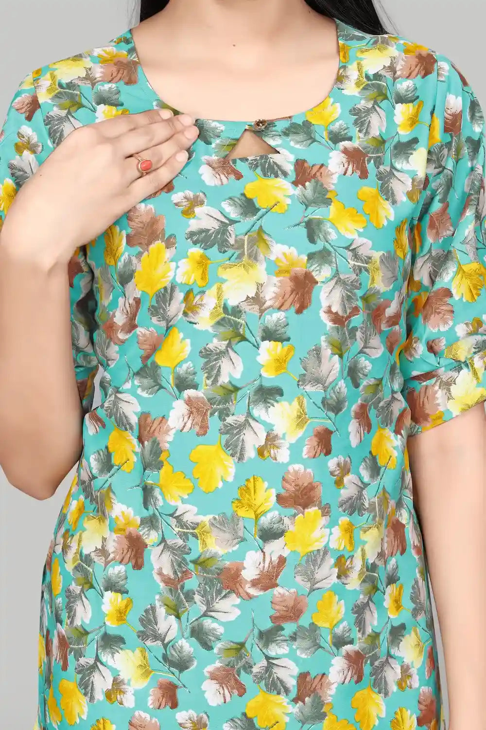 Chic Sky Green Round Neck Floral Crepe Top Perfect for Casual & Party Wear