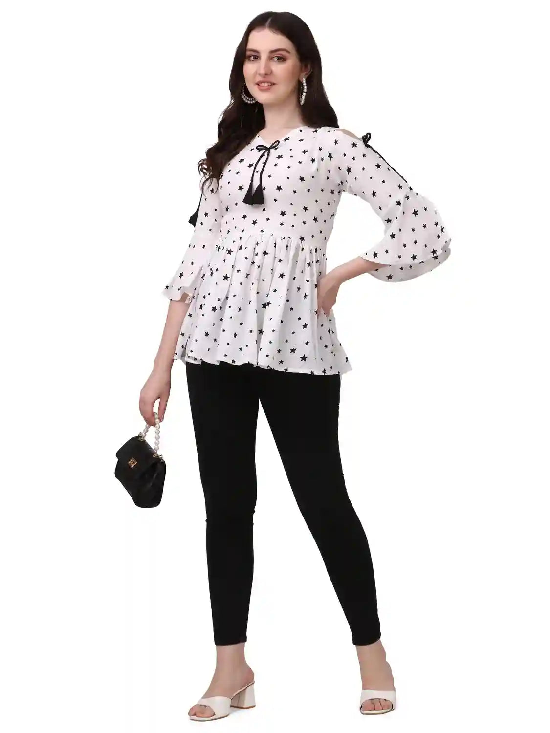 Chic White V-Neck Tunic for Women – Star Pattern for Casual & Party Wear