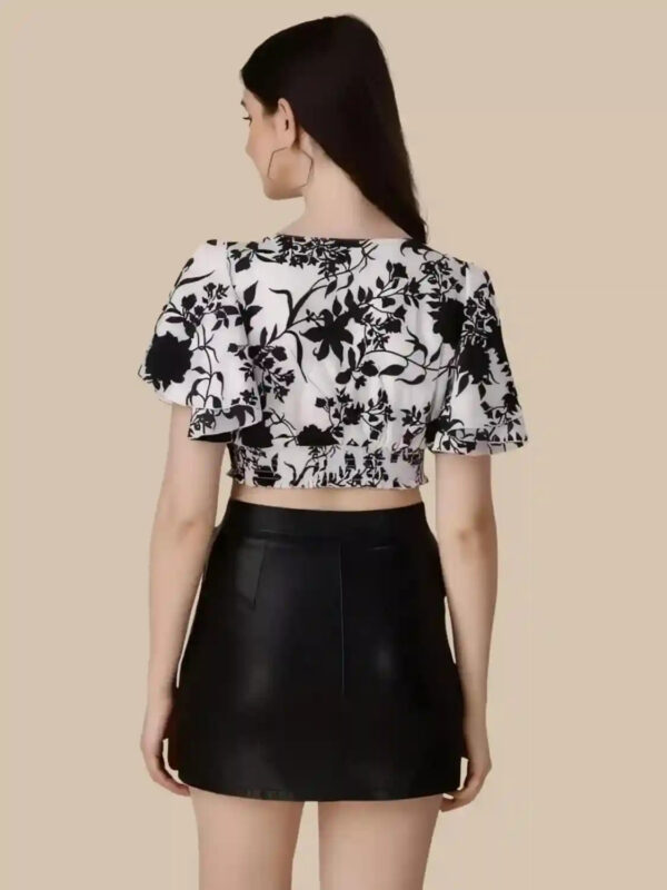 Elegant White Crepe Crop Top with Floral Print and V-Neck Design