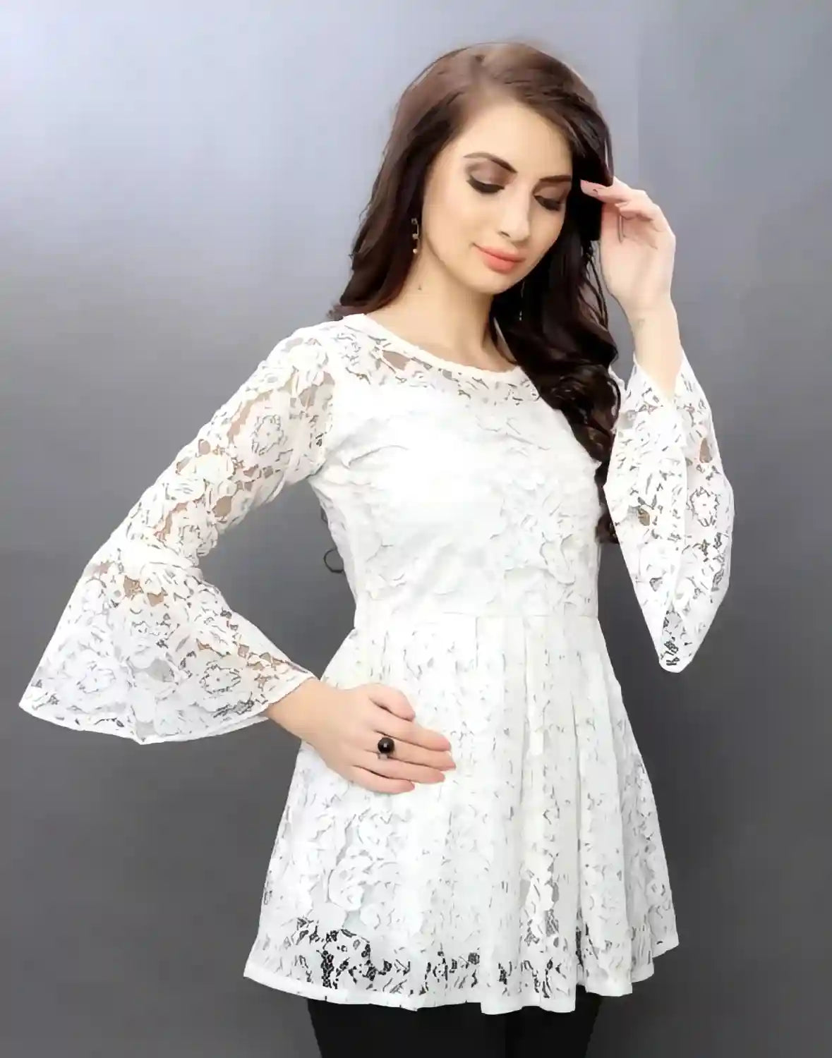 Elegant White Russle Net Top with Crepe Inner and Casual Fit for Women