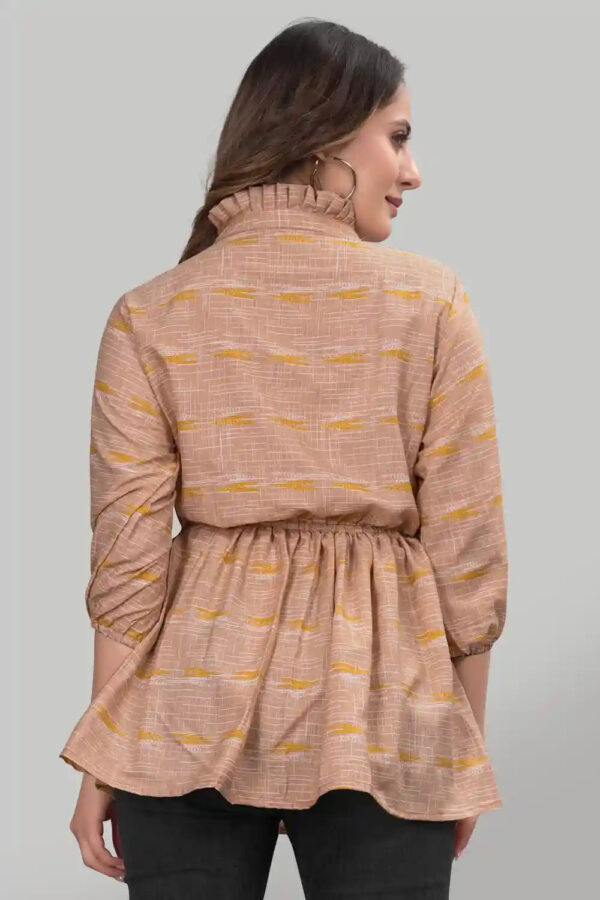 Elegant Yellow Floral Ruffle Neck Tunic with Three Quarter Sleeves