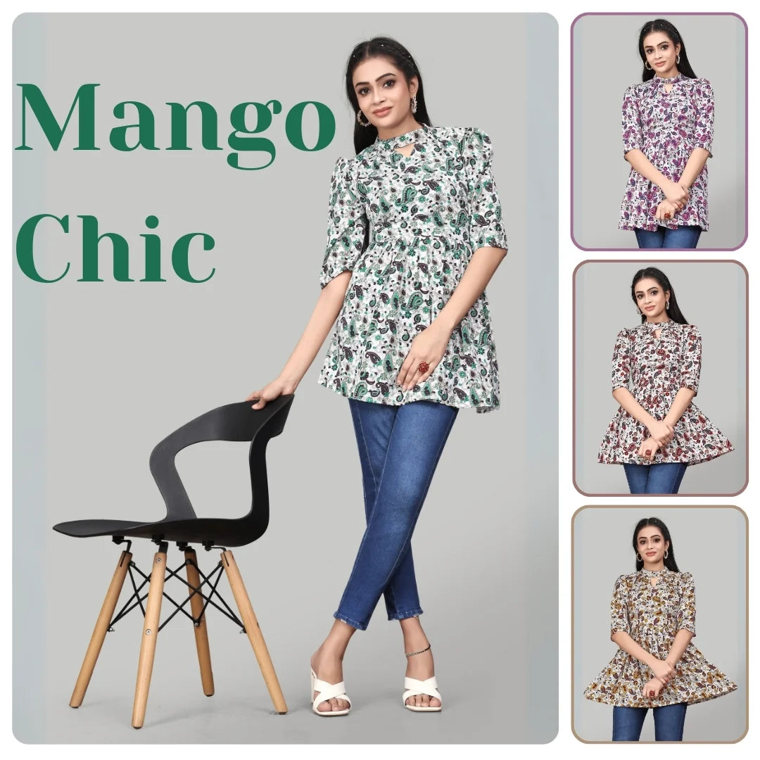 Floral Mango Printed Tops for Women | Keyhole Neck & Puff Sleeves