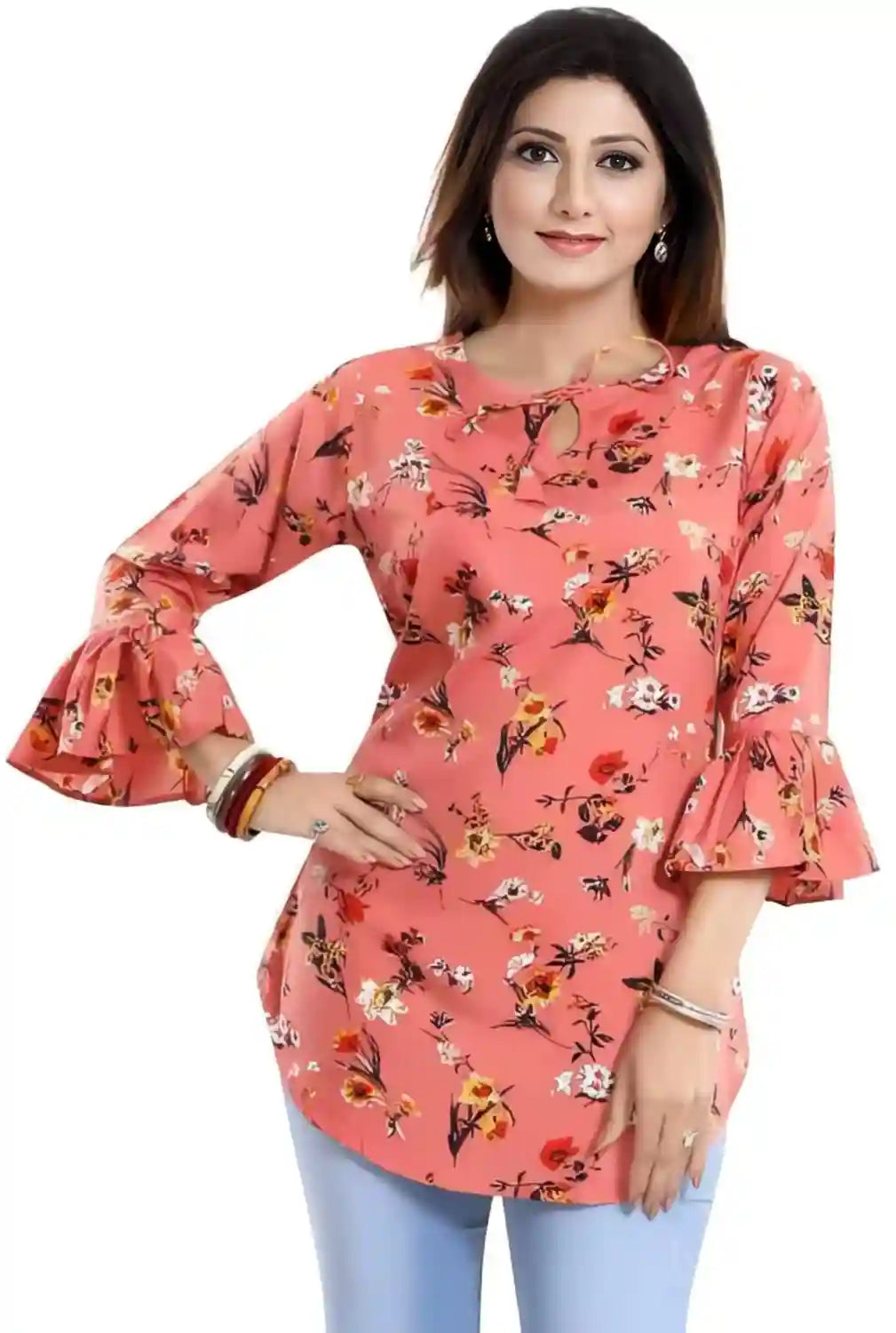 Orange Floral Tie-Up Neck Crepe Tunic Top for Women