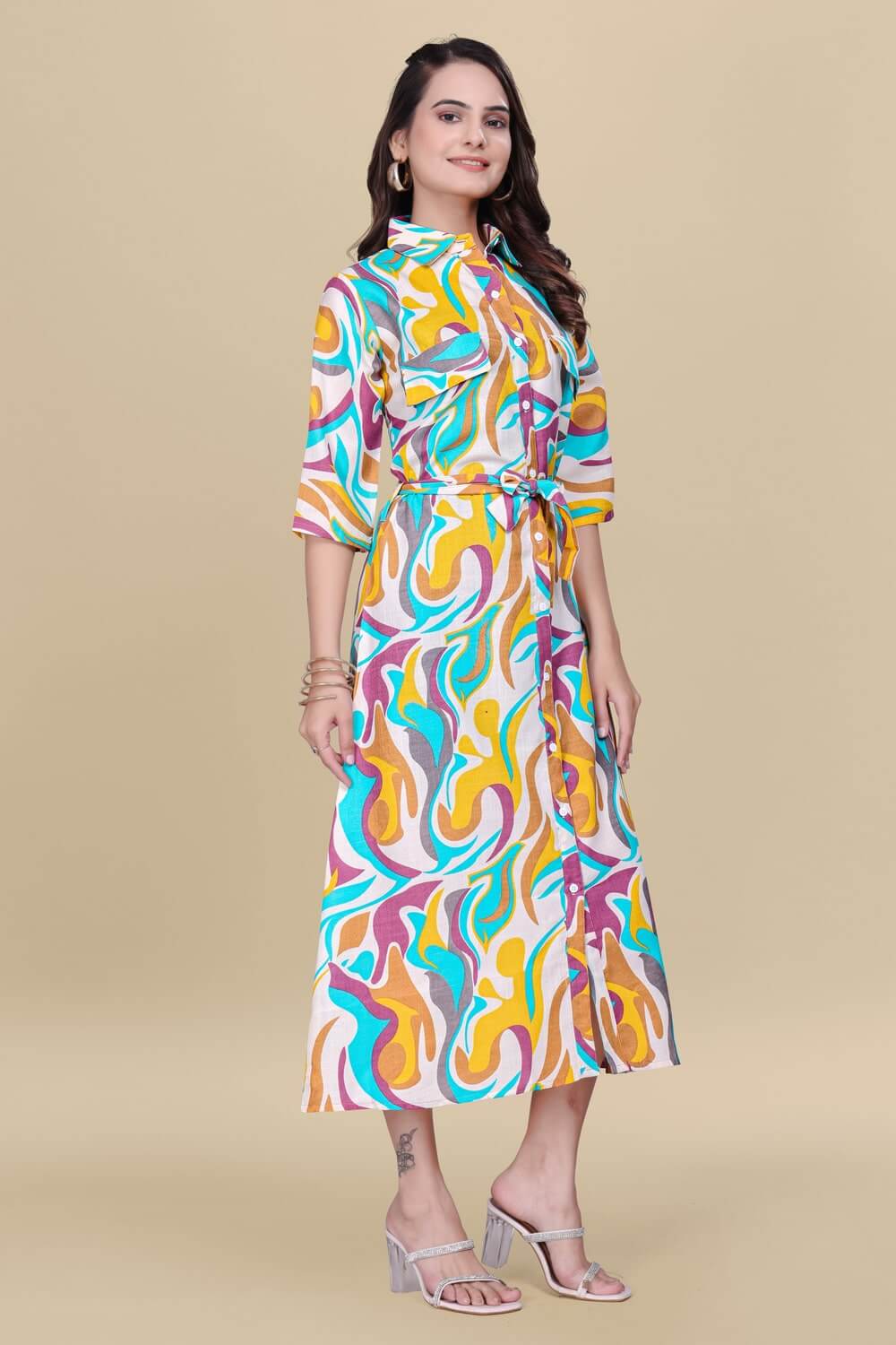 Party wear yellow multicolor cotton dress for women